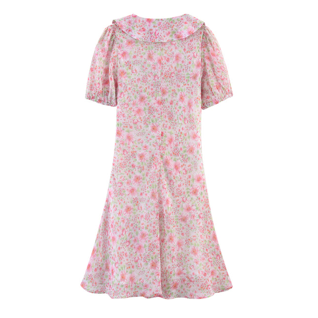 V Neck Floral Print Short Sleeve pink Color Lace up Casual Fashion Summer Mini Dress for Women