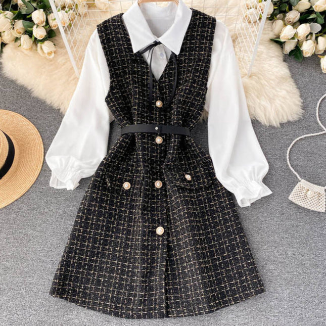 Autumn New Suit Women's Puff Sleeve Shirt Strap Dress Design Sense Two-piece Set