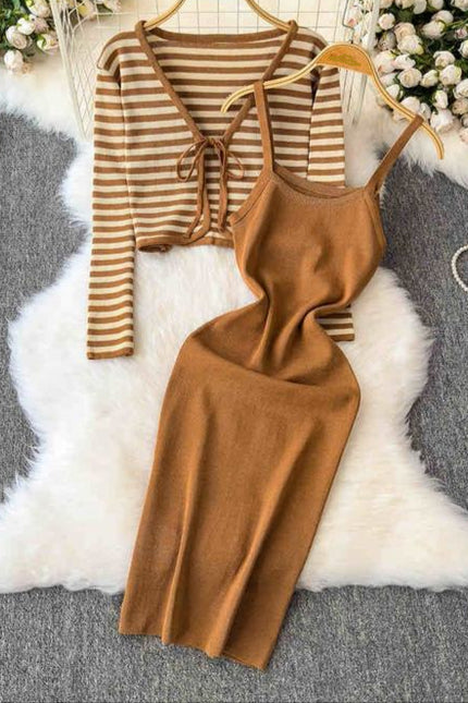 Striped Cardigan Coat Two-piece Dress for Women Vintage Charm Elegant Temperament Slimming Effect Sexy Form-fitting Maxi Dress