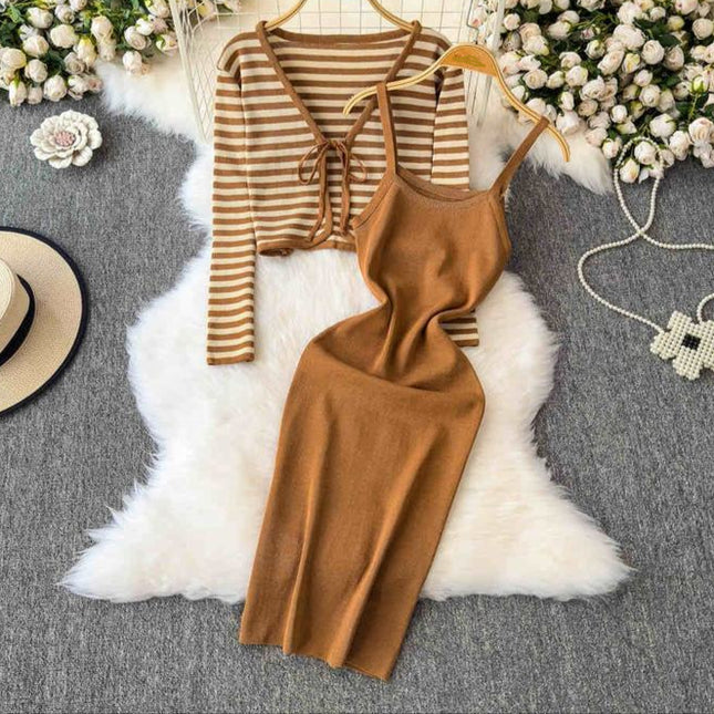 Striped Cardigan Coat Two-piece Dress for Women Vintage Charm Elegant Temperament Slimming Effect Sexy Form-fitting Maxi Dress
