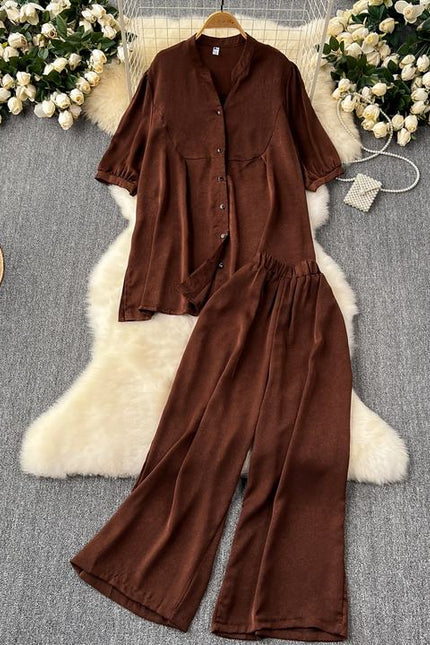 Women Loose Versatile Short-Sleeved Shirt Wide-Legged Pants Casual Two Piece Set