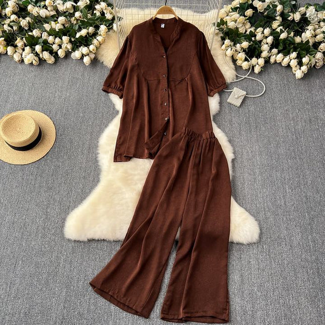 Women Loose Versatile Short-Sleeved Shirt Wide-Legged Pants Casual Two Piece Set