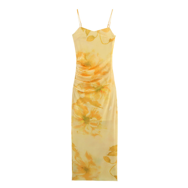 Spaghetti Strap Yellow Color Floral Print Casual Fashion Long slip Dress for Women