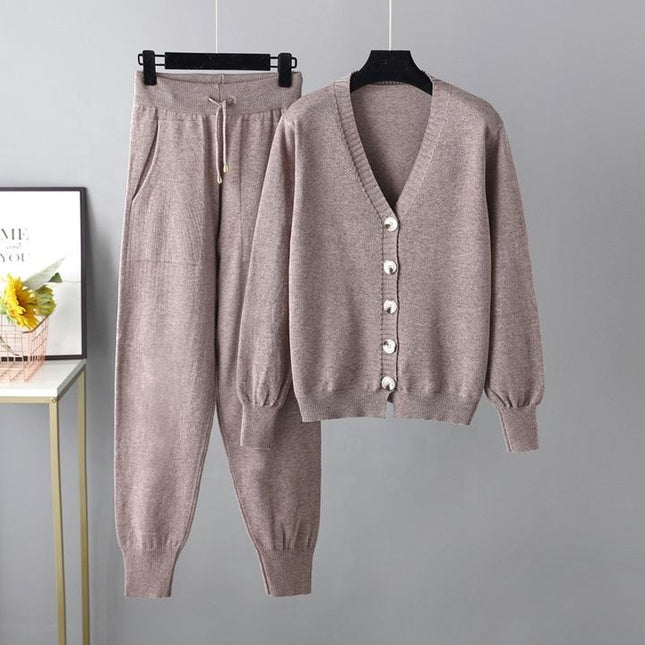 Wholesale 2023 Autumn and Winter New V-neck Cardigan Sweater Harem Pants Solid Color Cardigan Sweater Women's Set