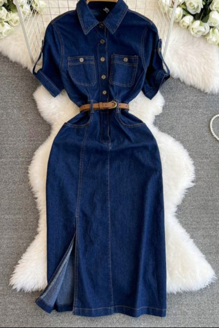 Retro Denim Dress for Women 2024 Summer New Collection Belt Slimming Short Sleeved Shirt Dress