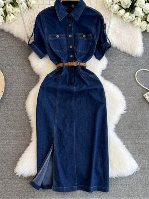 Retro Denim Dress for Women 2024 Summer New Collection Belt Slimming Short Sleeved Shirt Dress