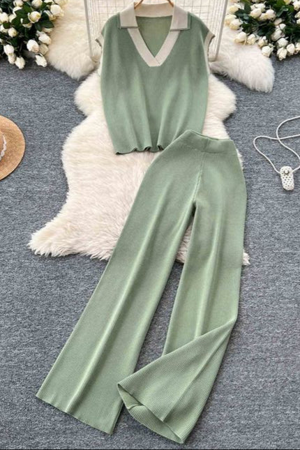 Two-piece Summer Outfit Sleeveless Knitted Top Retro Color-blocking Turn-down Collar and High Waist Wide Leg Trousers