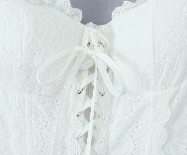 White Color Shoulder Strap Front Lace up Hot Sale Casual Fashion Cotton Mini slip Dress for Ladies