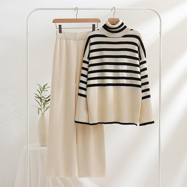 2023 Winter Custom Logo Turtleneck Striped Knitted Top Pullover Knitted Trousers 2 Piece Suit Women's Sweater