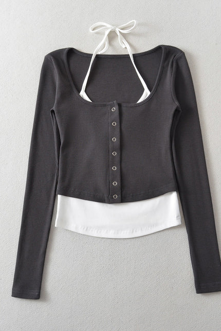 6 Colorway Buttons up Long Sleeve Knitted Solid Color Patchwork Design Casual Fashion Women t Shirt