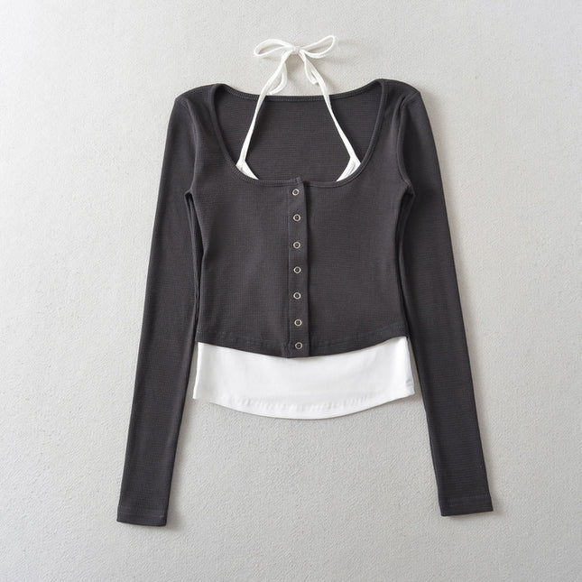 6 Colorway Buttons up Long Sleeve Knitted Solid Color Patchwork Design Casual Fashion Women t Shirt