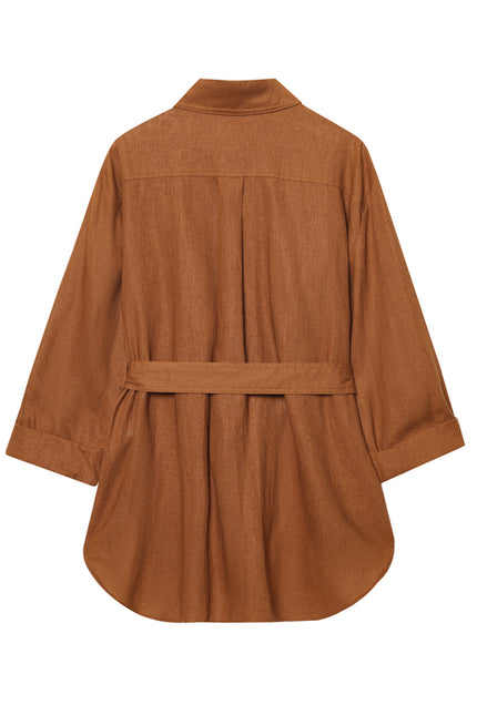 2 Colorway Turn Down Collar Sashes Long Sleeve Solid Color Buttons up Casual Fashion Tops Blouse for Women