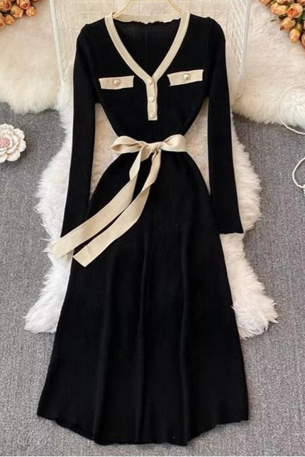 Autumn Winter New Knitted V-Neck Long Sleeve Women Black Sweater Fashion Casual Dresses