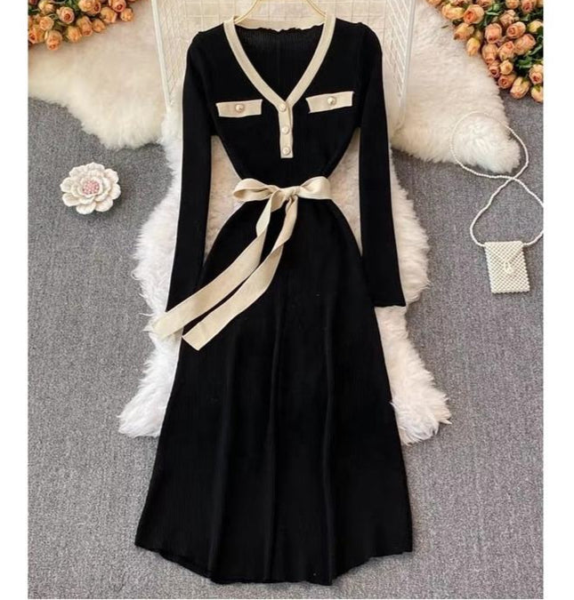 Autumn Winter New Knitted V-Neck Long Sleeve Women Black Sweater Fashion Casual Dresses