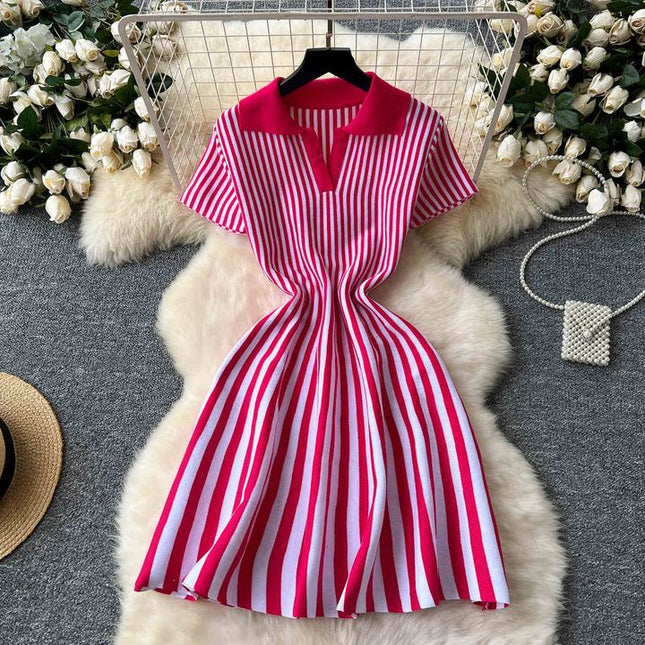 Cor Vintage francês Clash lapela manga curta listrada das mulheres A linha de malha Mini vestidos
