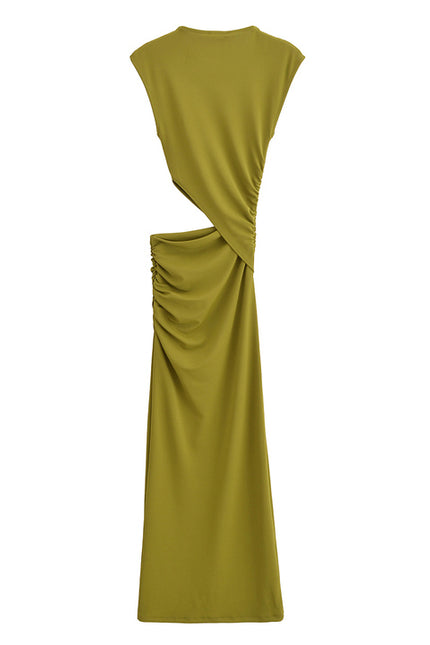 Waist Hollow Out Sleeveless Crew Neck Green Color Pleated Casual Fashion Summer Maxi Dress for Women