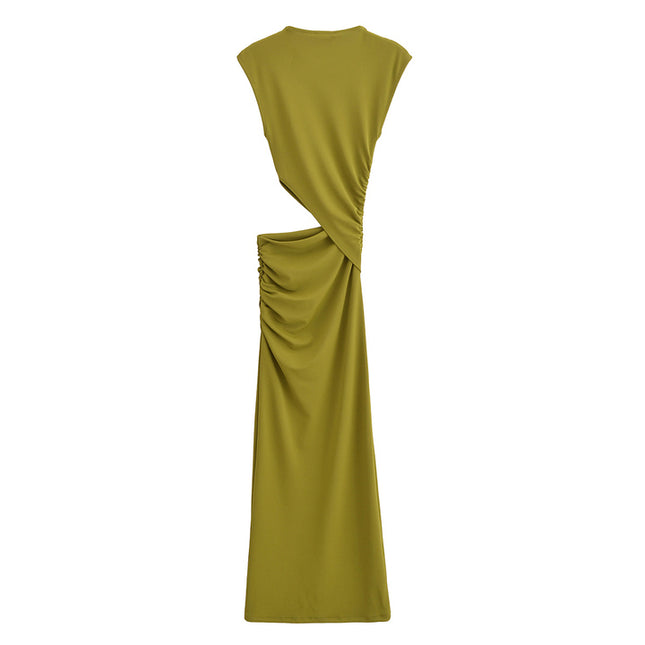 Waist Hollow Out Sleeveless Crew Neck Green Color Pleated Casual Fashion Summer Maxi Dress for Women