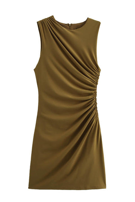 5 Colorway Crew Neck Sleeveless Pleated Zipper Fly Solid Color Casual Fashion Mini Summer Dress for Women