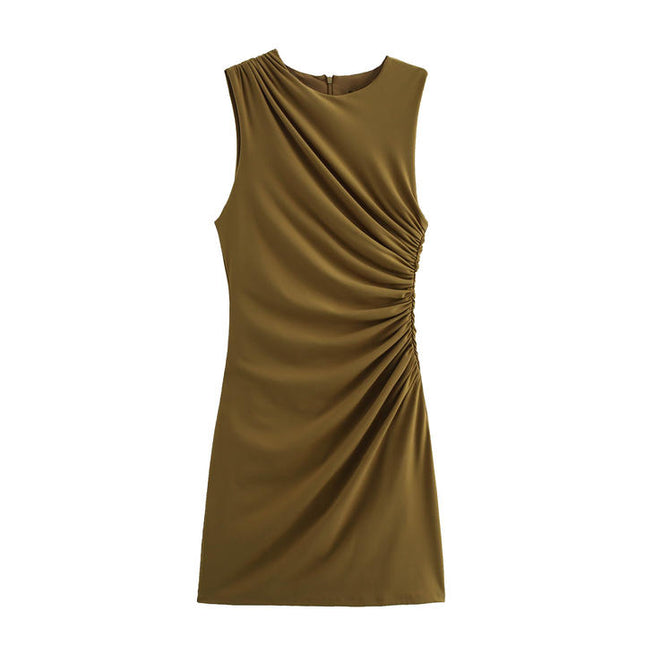 5 Colorway Crew Neck Sleeveless Pleated Zipper Fly Solid Color Casual Fashion Mini Summer Dress for Women