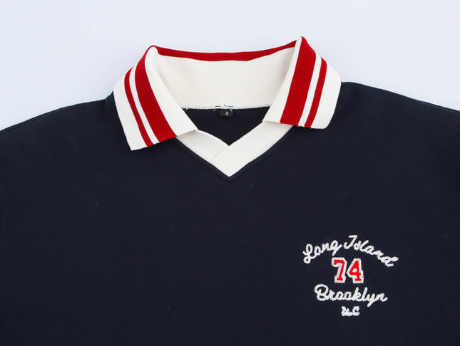 Turn Down Collar Navy Color Long Sleeve Letter Embroidery Casual Fashion Polo Shirt Sweatshirt for Women
