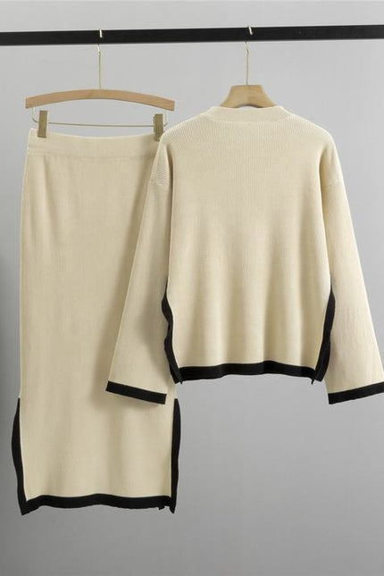 Knitted Suit for Women's Autumn New Design Contrasting Color Round Neck Top+slit Skirt Temperament Two-piece Set