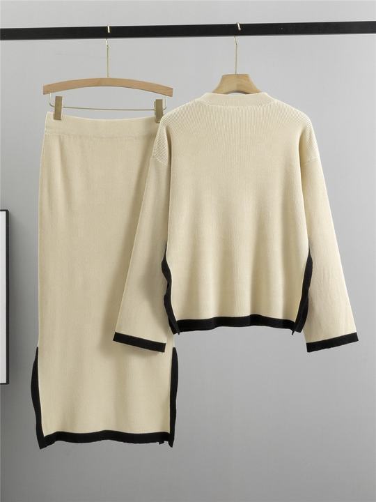 Knitted Suit for Women's Autumn New Design Contrasting Color Round Neck Top+slit Skirt Temperament Two-piece Set