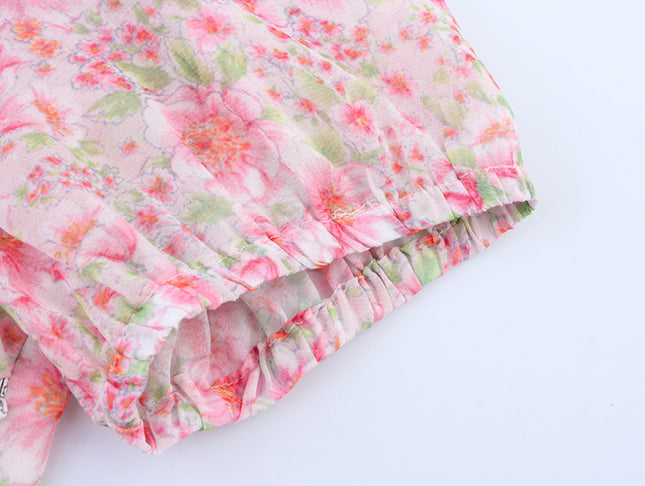 V Neck Floral Print Short Sleeve pink Color Lace up Casual Fashion Summer Mini Dress for Women
