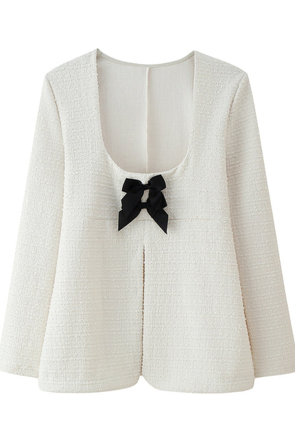 Square Collar Beige Color Front Bow Tie Long Sleeve Casual Fashion Tops Blouse for Women