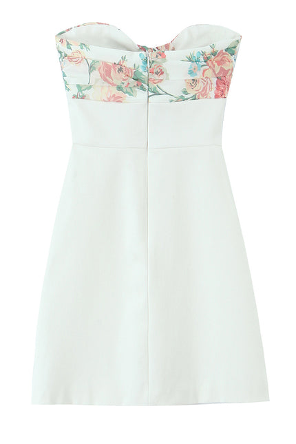 Strapless White Color Front Bow Tie Floral Print Casual Fashion Summer Mini Dress for Women