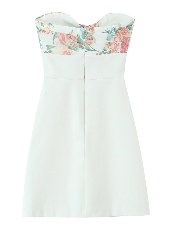 Strapless White Color Front Bow Tie Floral Print Casual Fashion Summer Mini Dress for Women