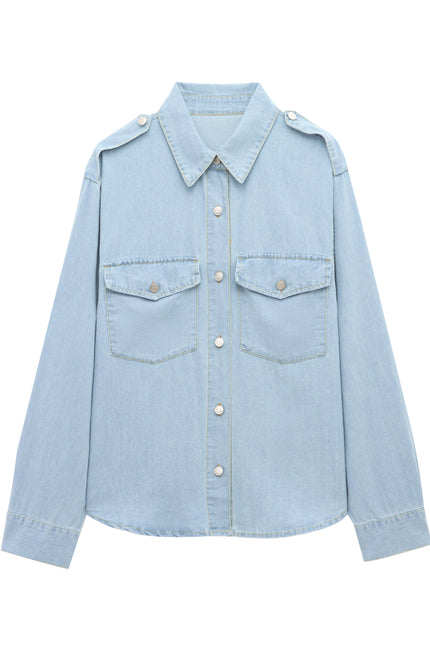 Turn Down Collar Long Sleeve Denim Blue Color Buttons up Casual Fashion Jeans Tops Blouse for Women