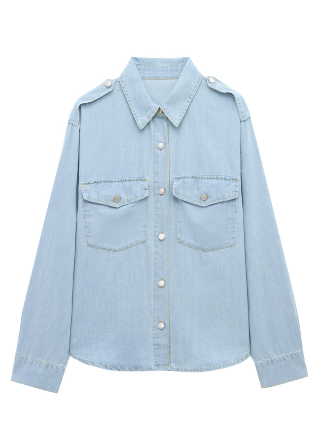 Turn Down Collar Long Sleeve Denim Blue Color Buttons up Casual Fashion Jeans Tops Blouse for Women
