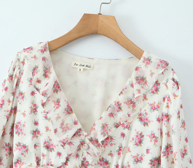 V Neck Floral Print Multi Color Long Sleeve Casual Fashion Mini Dress for Women