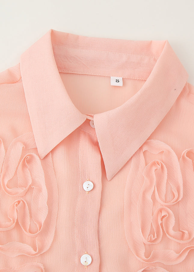 Turn Down Collar pink Color Long Sleeve Buttons up Casual Fashion Tops Blouse for Women