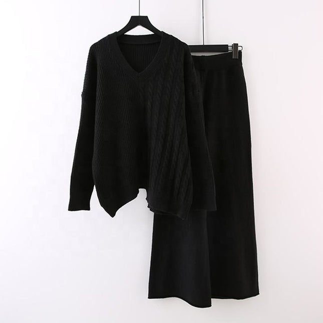 Fall and Winter New Irregular Sweater Set Loose Fashion Knitted Wide Leg Pants Two Piece Set