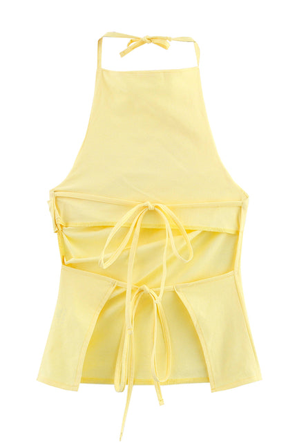 Back Hollow Out Lace up Yellow Color Pleated Casual Fashion Women's Halter tank Tops