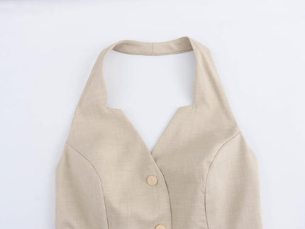 Back Hollow Out Solid Color Buttons up Sleeveless Casual Fashion Midi Pleated Dress for Women