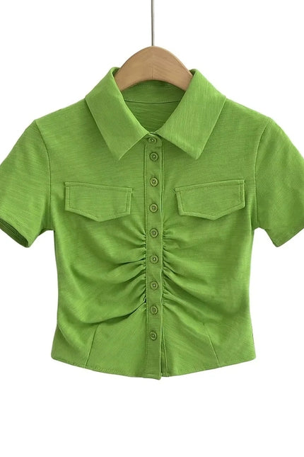 5 Colorway Solid Color Short Sleeve Turn Down Collar Buttons up Casual Shirt for Women