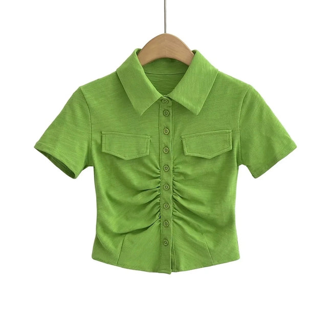 5 Colorway Solid Color Short Sleeve Turn Down Collar Buttons up Casual Shirt for Women