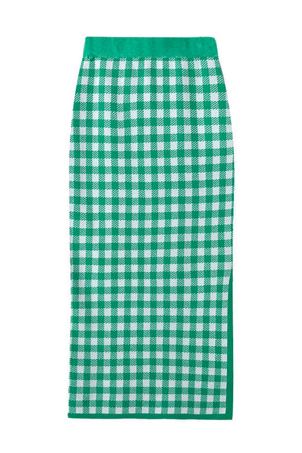 3 Colorway Plaid Pattern Spaghetti Strap Crop tank Top Long Knitted Skirt Casual Fashion Women 2 Piece Set