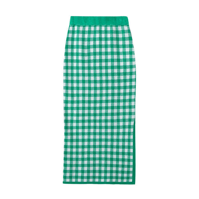 3 Colorway Plaid Pattern Spaghetti Strap Crop tank Top Long Knitted Skirt Casual Fashion Women 2 Piece Set