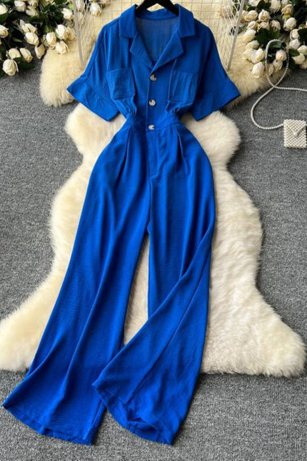 Summer Women's New Jumpsuit Lapel Short Sleeve High Waist Casual Jumpsuit