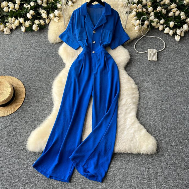 Summer Women's New Jumpsuit Lapel Short Sleeve High Waist Casual Jumpsuit