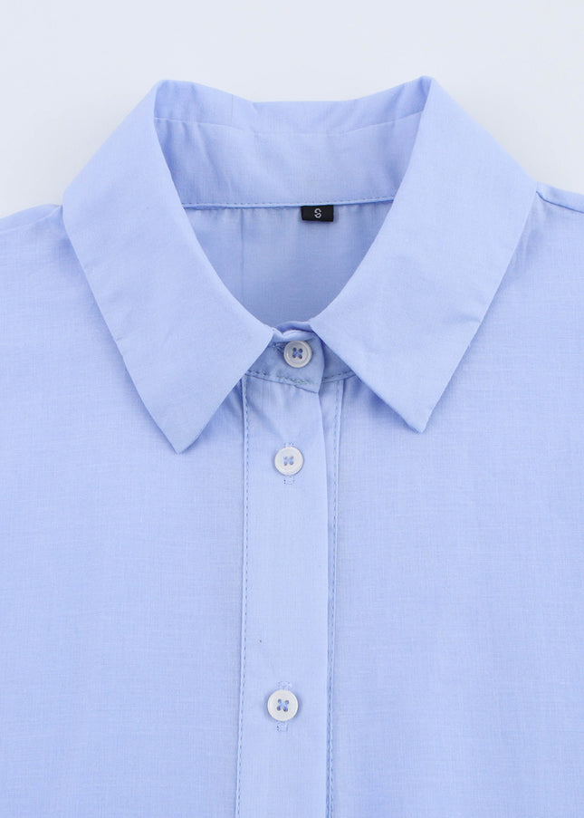 Turn Down Collar Long Sleeve Blue Color Buttons up Bottom Embroidery Eyelet Casual Fashion Tops Blouse for Women