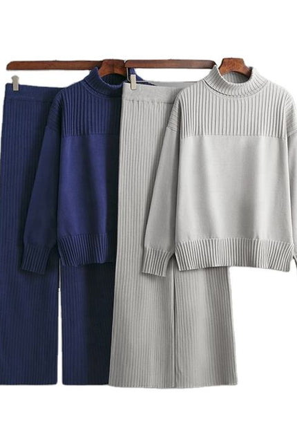 Loose Long Sleeve High Neck Top Wide Leg Pants Ladies Clothing Two Piece Knit Sweater Set