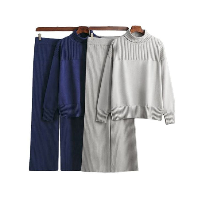 Loose Long Sleeve High Neck Top Wide Leg Pants Ladies Clothing Two Piece Knit Sweater Set