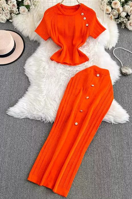 High-end Style Is Shoulder Short Sleeve Small Short Top Ice Silk Knitwear + High Waist Skirt Set