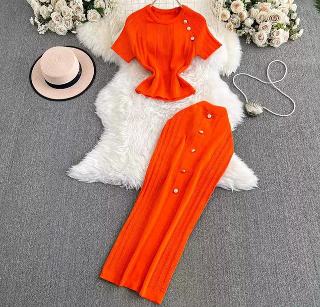High-end Style Is Shoulder Short Sleeve Small Short Top Ice Silk Knitwear + High Waist Skirt Set