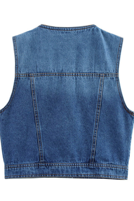 V Neck Buttons up Denim Blue Color Casual Fashion Jeans Vest Waistcoat for Women