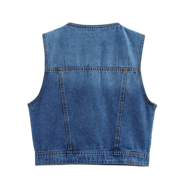 V Neck Buttons up Denim Blue Color Casual Fashion Jeans Vest Waistcoat for Women